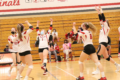 BECKY MALKOW The Independent-Register
	The Lady Cardinals celebrate a big block in the March 18 match against Evansville. The Brodhead girls swept their opponent 3-0 on their way to a 5-1 start to the alternate spring season.